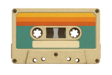 Vintage audio cassette featuring vibrant orange-yellow stripes, symbolizing musical memories against transparent backdrop