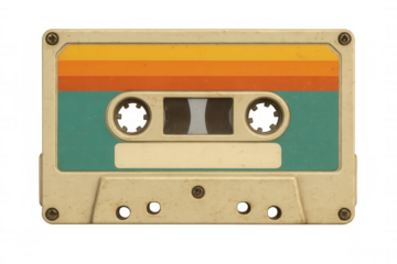 Vintage audio cassette featuring vibrant orange-yellow stripes, symbolizing musical memories against transparent backdrop