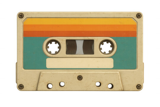 Vintage audio cassette featuring vibrant orange-yellow stripes, symbolizing musical memories against transparent backdrop