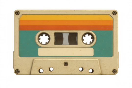 Vintage audio cassette featuring vibrant orange-yellow stripes, symbolizing musical memories against transparent backdrop