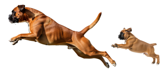 Two boxer dogs, an adult and a puppy, are captured in mid-jump. Both dogs exhibit enthusiasm and energy as they play together, highlighting their joyful interaction in an isolated setting.