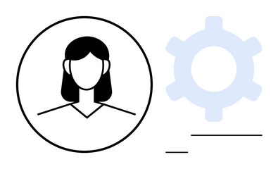 Female user profile inside circular border alongside gear symbol for configuration and customization. Ideal for personal account, profile setup, settings, user interface, app design, online identity