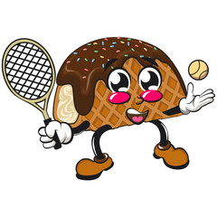 cute choco taco ice cream mascot character vector illustration playing tennis, work of hand drawn