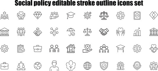 Social Policy Line Icons Set  Editable Stroke Outline Vector Symbols Isolated on White Background, Pixel Perfect Flat Illustration