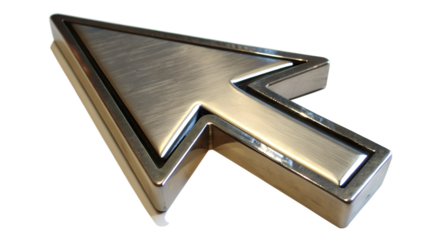 Metallic 3D computer arrow cursor symbol.