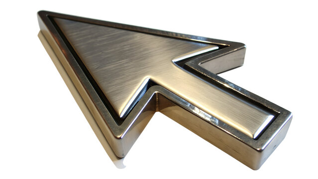 Metallic 3D computer arrow cursor symbol.