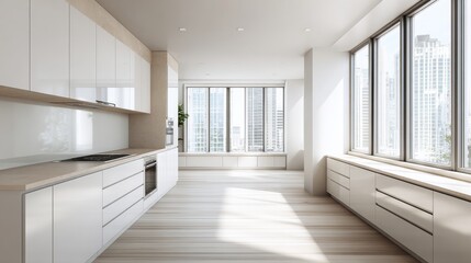 Minimalist Modern Kitchen with Clean Countertops – Empty Interior Background for Design and Web