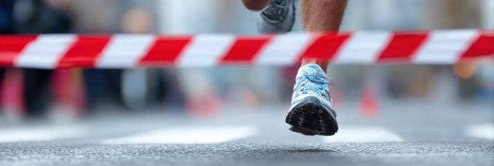Runner Crosses Finish Line During a Marathon Event on a City Street Surrounded by Excited Spectators and Colorful Decorations