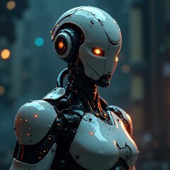 Elegant Robot with Glowing Eyes, White and Black, Looking Downward