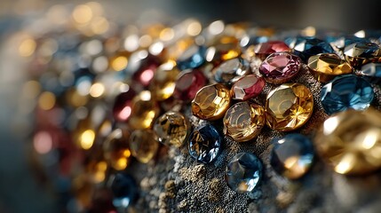 the scene presents a collection of multifaceted objects affixed to a surface