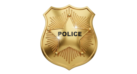 Shiny golden police badge with star and rays on black background