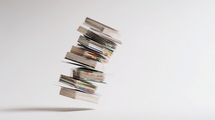 Business cards stack floating display with offset card showing paper thickness and colored edges, white background