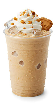 a transparent plastic cup filled with biscoff milkshake, caramel beige creamy base with visible biscoff crumbs, topped with whipped cream and Biscoff cookie crumble.