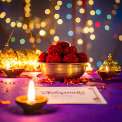 Warm and Inviting Festival Scene with Red Marigold Bowl, Diyas, and Colorful Lights