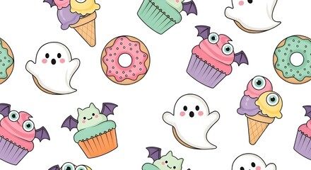 Kawaii Halloween Treats Pattern Ghost Cupcake Donut Ice Cream