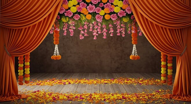 Vibrant Indian Wedding Stage Decoration with Orange Curtains and Floral Garlands.