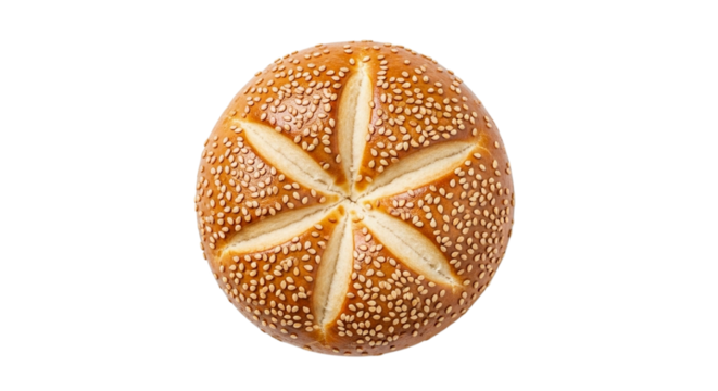 Freshly baked oval bread roll with sesame seeds and a star pattern