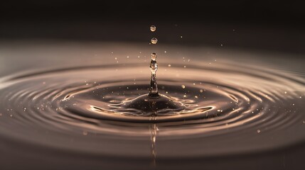 High-speed macro capture beverage droplet impact moment, perfect ripple and crown formation, golden backlight