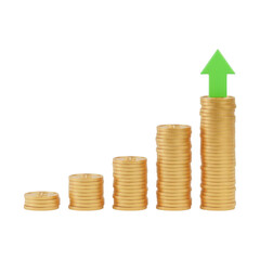 Golden coins stacked in increasing heights symbolizing financial growth and success with green arrow transparent background
