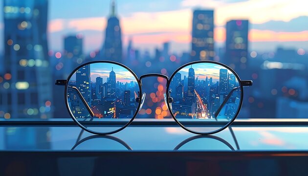 Fototapeta Urban Vision New York Cityscape Seen Through Round Glasses at Sunset
