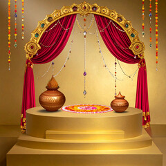 Grand Traditional Stage Setup for Durga Puja or Diwali with Floral Decorations and Pottery