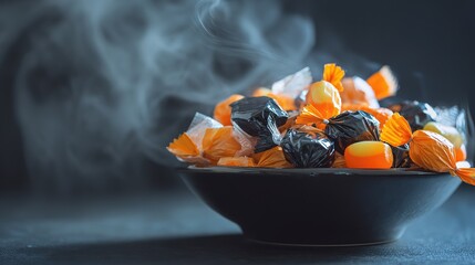 Halloween candy porcelain bowl filled with individually wrapped sweets, black orange wrappers candlelight smoke