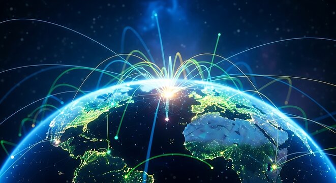 Global network connections with data exchange over planet Earth from space.