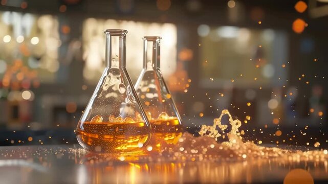 Laboratory glass flask orange chemical reaction science experiment with energetic splash and dramatic explosion of orange liquid creative research