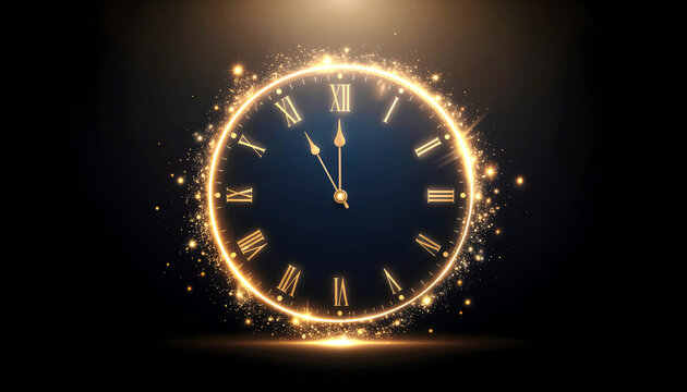 Abstract glowing rings forming countdown clock to midnight New Year, dark background. - Powered by Adobe