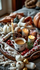Fototapeta premium Cozy Autumn Still Life: Mulled Cider, Pumpkins, and Candlelight on a Blanket