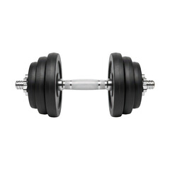 Studio quality photograph of a single adjustable dumbbell featuring a chrome handle and black weight plates transparent background