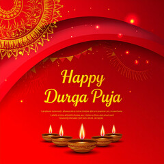 Happy Durga Puja Festival Background with Decorative Diyas and Red Abstract Design