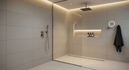 Modern minimalist bathroom with a spacious walk in shower and ambient lighting.