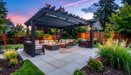 Naklejka premium Stylish Outdoor Patio with Comfortable Seating and Sunset Sky