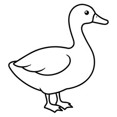 Simple outline drawing of a duck standing on its webbed feet in a side profile silhouette