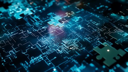 Obraz premium Glowing blue digital puzzle pieces connecting technology circuit board connection