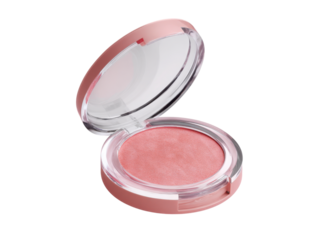 Pink blush compact with clear lid and reflective surface makeup cosmetic image, Isolated On Png Transparent Background