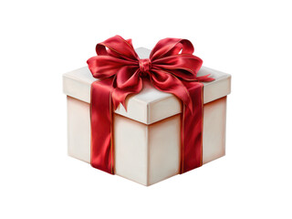 Obraz premium Luxurious white gift box adorned with a vibrant red satin ribbon and bow image, Isolated On Png Transparent Background