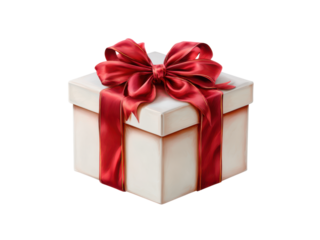 Luxurious white gift box adorned with a vibrant red satin ribbon and bow image, Isolated On Png Transparent Background