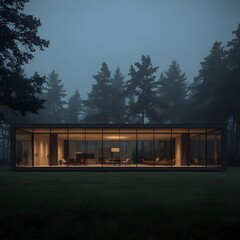 Modern minimalist glass house in misty forest landscape