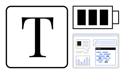 Typography-focused design with large text icon, battery level indicator, and webpage layout featuring charts and data. Ideal for productivity, analytics, technology, communication, energy monitoring