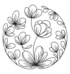 Black and white circular frame with blooming flowers and leaves