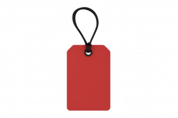 Rectangular red tag dangling by black cord, highlighting promotional offers against transparent backdrop