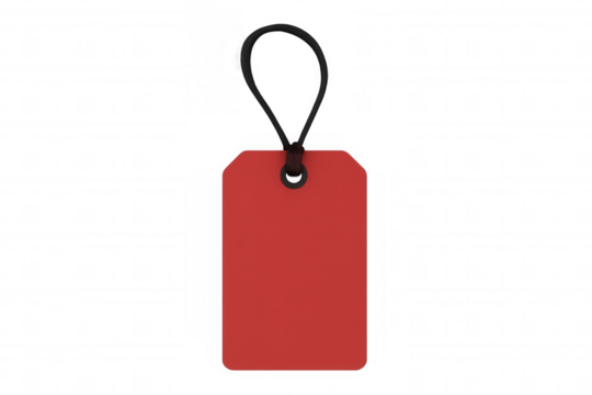 Rectangular red tag dangling by black cord, highlighting promotional offers against transparent backdrop