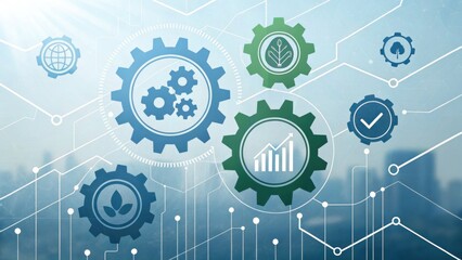 A digital illustration featuring gears and icons symbolizing technology, growth, and the environment against a blurred cityscape background.