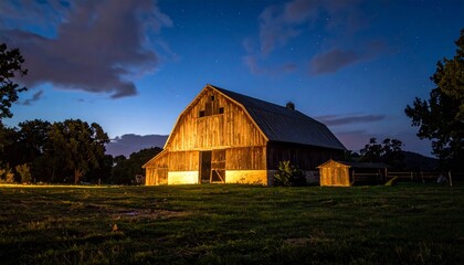 Obraz premium Serene Barn Under Starry Night Sky with Soft Illuminated Light