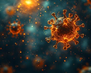 Microscopic 3D rendering of glowing orange virus particles in a dark abstract environment symbolizing contagion and disease