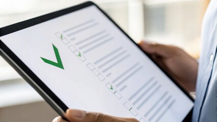 A hand holds a tablet displaying a checklist with green checkmarks, indicating completed tasks or items.