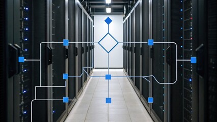 A modern data center corridor featuring server racks with a digital flowchart overlay, illustrating data processing pathways.
