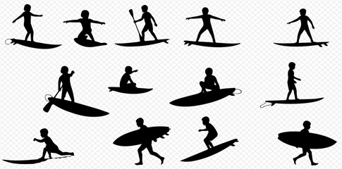 A collection of black silhouettes depicting children and young people engaging in various surfing and paddleboarding activities, including standing, paddling, and carrying boards.